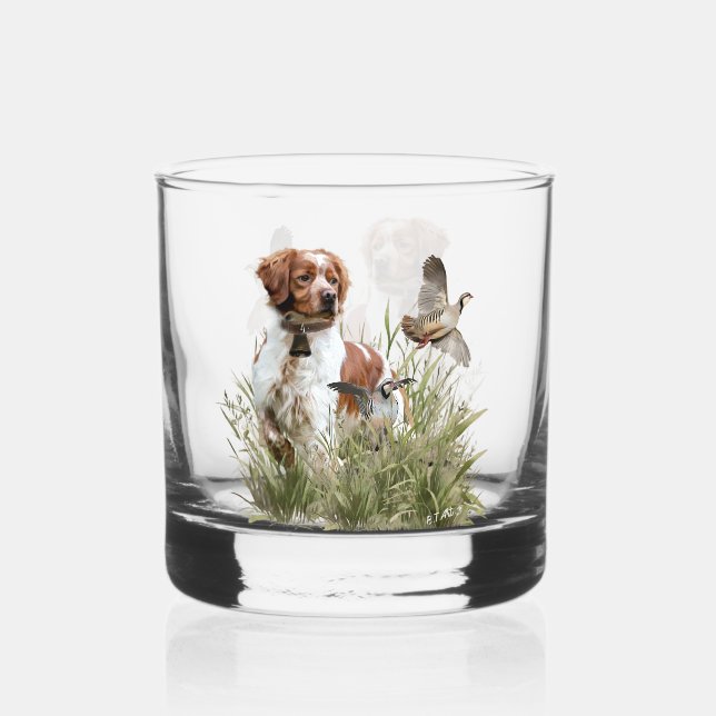 Jagen mit einem Bretagne-Hund, Kunst Whiskyglas (Vorderseite)