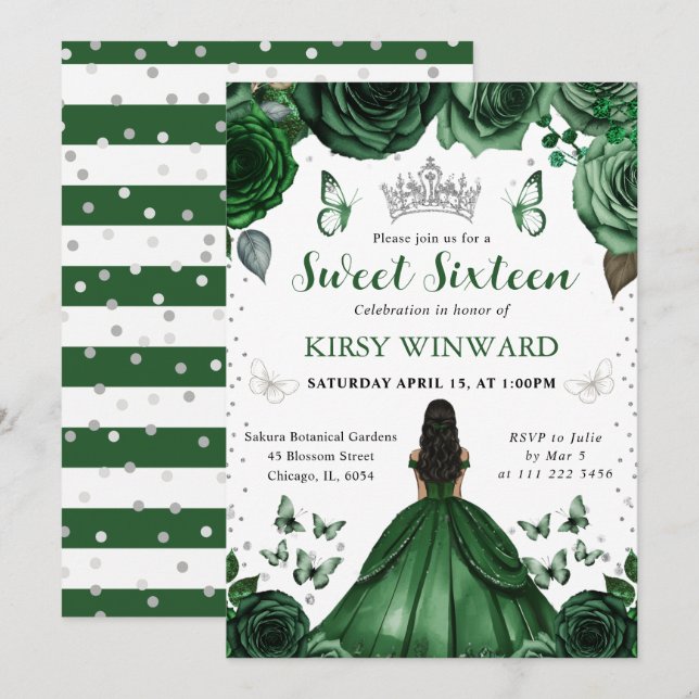 Jäger Grünes Kleid Dunkle Haut Prinzessin Sweet 16 Einladung (Vorne/Hinten)