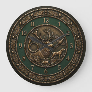 Jägergrün & Bronze Jagdschloss-Emblem  Große Wanduhr