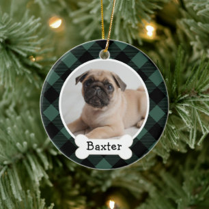 Jägergrün Büffel Karo Weihnachts-Hundefoto Keramik Ornament