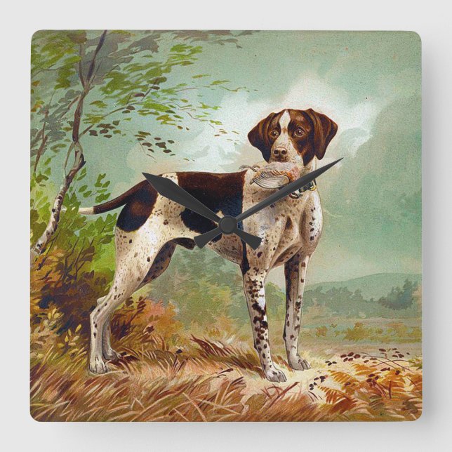 Jägerhund mit Vogel im Mund Quadratische Wanduhr (Vorderseite)