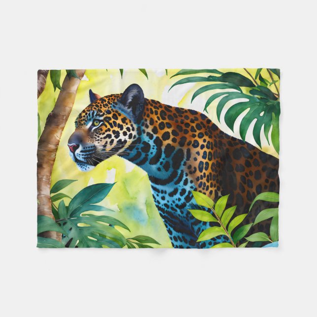 Jaguar Botanischer Wald-Dschungel Fleecedecke (Vorderseite (Horizontal))