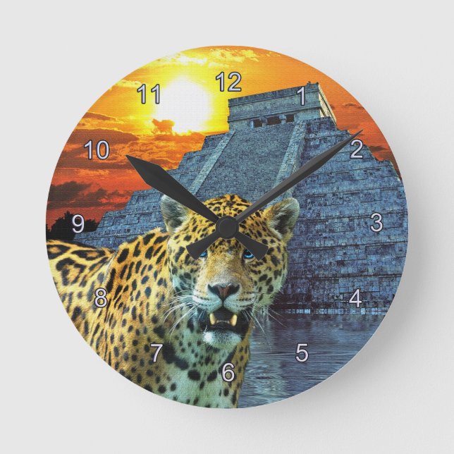 Jaguar & Chichen Itza Tempel Runde Wanduhr (Vorderseite)