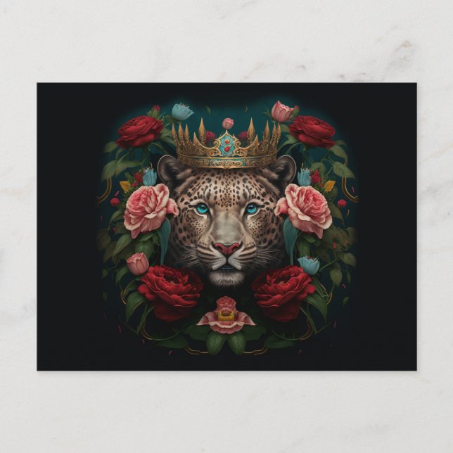 Jaguar mit Kronen in Blume Malerei Postkarte (Vorderseite)
