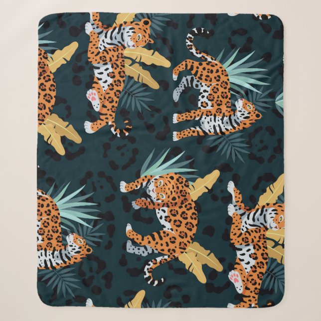 Jaguar Palms Nahtloses Vintages Muster Sherpadecke (Vorderseite)