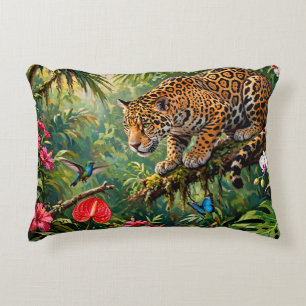 Jaguar Regenwald Kolibris Schmetterlinge Blumen Dekokissen