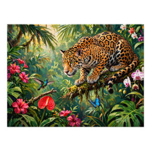 Jaguar Regenwald Kolibris Schmetterlinge Blumen Fotodruck