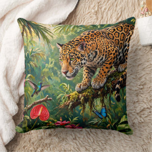 Jaguar Regenwald Kolibris Schmetterlinge Blumen Kissen