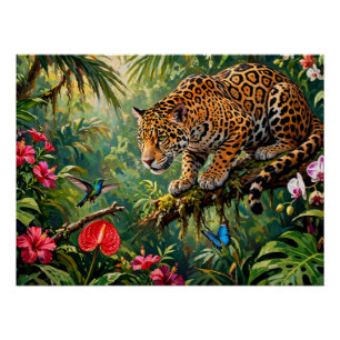 Jaguar Regenwald Kolibris Schmetterlinge Blumen Poster