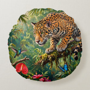 Jaguar Regenwald Kolibris Schmetterlinge Blumen Rundes Kissen