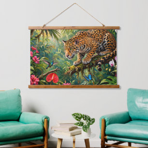 Jaguar Regenwald Kolibris Schmetterlinge Blumen Wandteppich Mit Holzrahmen