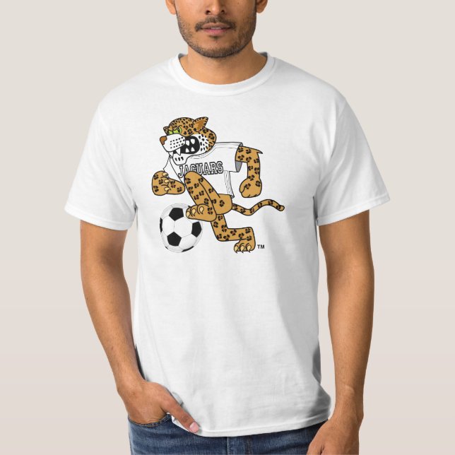 Jaguar-Schulmaskottchen, das Fußball spielt T-Shirt (Vorderseite)
