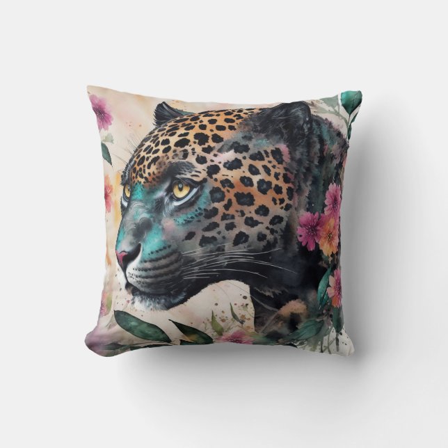 Jaguar Watercolor Blumenwerk Kissen (Vorderseite)