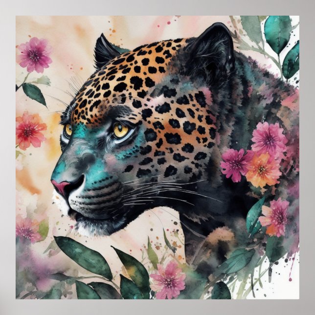 Jaguar Watercolor Blumenwerk Poster (Vorne)