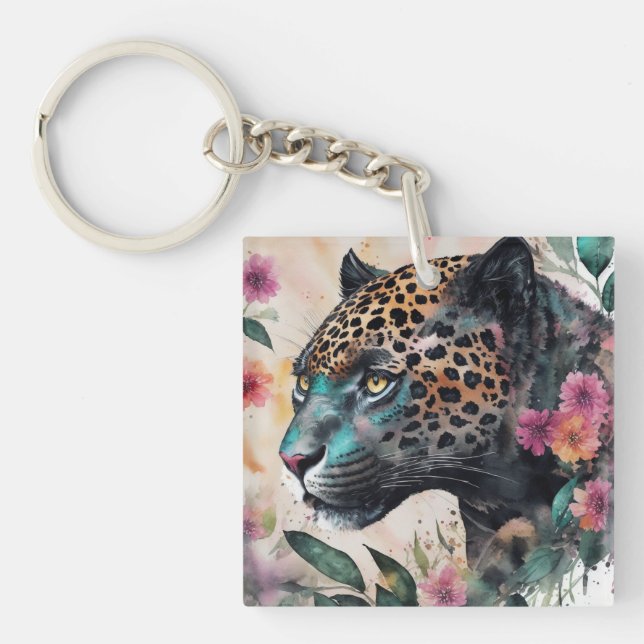 Jaguar Watercolor Blumenwerk Schlüsselanhänger (Vorderseite)