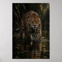 Jaguar watet durch dunklen Dschungel Wasser Wildti