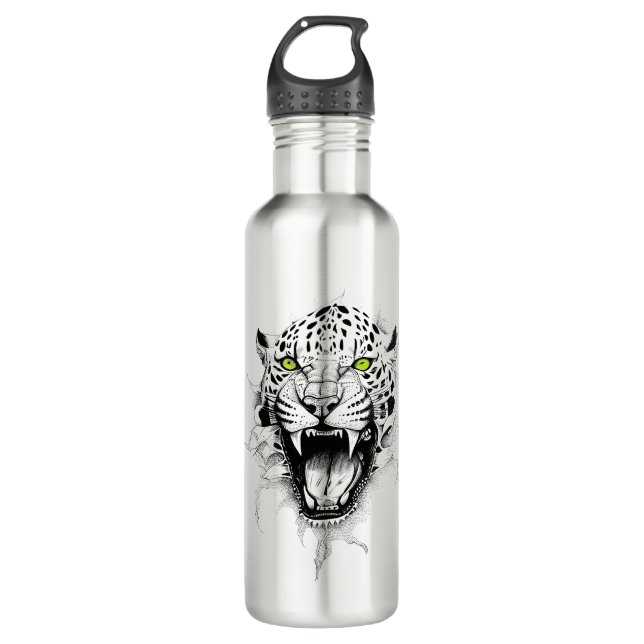 Jaguar Wild Animal Nature Illustration Art Tattoo Edelstahlflasche (Vorderseite)