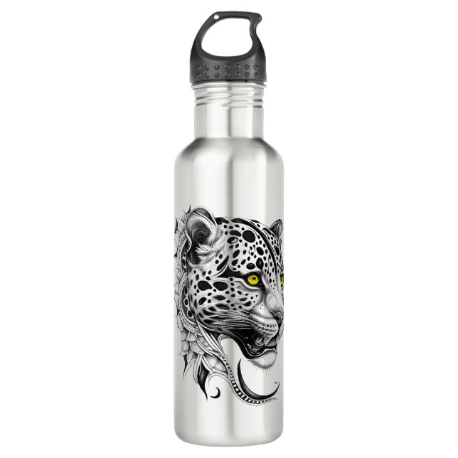 Jaguar Wild Animal Nature Illustration Art Tattoo Edelstahlflasche (Vorderseite)