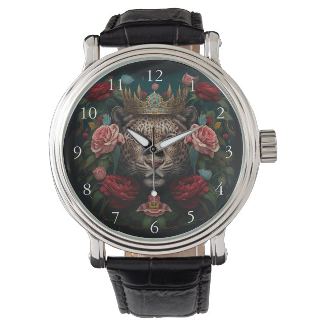 Jaguar with Crown in Flowers Painting            Armbanduhr (Vorderseite)