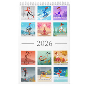 Jahr 2026 Sport Fitness Junge Frau Mädchen Bunt Kalender