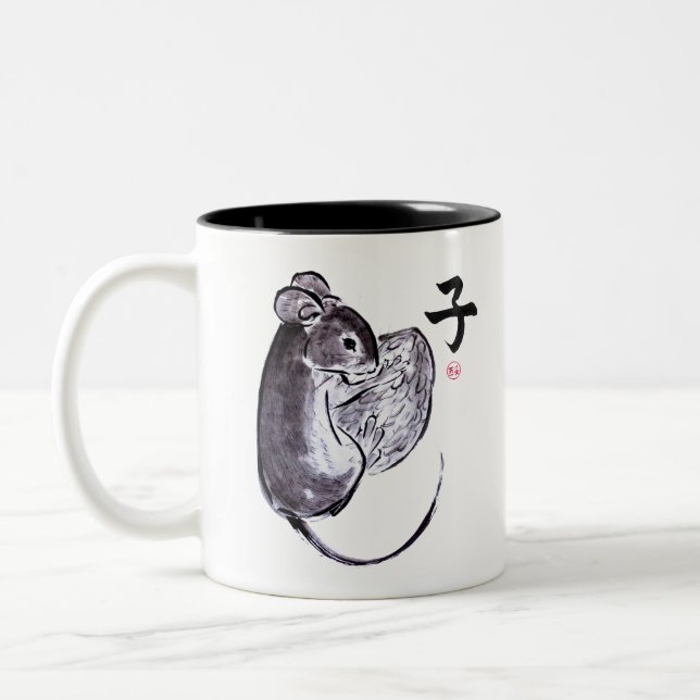 Jahr der Ratten-Sumie-Farbmalerei Zweifarbige Tasse (Links)