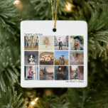 Jahr der Überprüfung Foto Collage Familie Weihnach Keramikornament<br><div class="desc">Moderne Weihnachtsschmuck mit zwölf quadratischen Fotos in einer einfachen Collage. Oben verlassen ist das Jahr, das ausgeschrieben wurde, und unten rechts die Nachricht: "Oh, was für ein Jahr!". Die Rückseite hat eine Vorlage, mit der Sie Ihre personalisierte Nachricht auf einem weißen Hintergrund schwarz hinzufügen können. Dieses personalisierte Ornament ist das...</div>