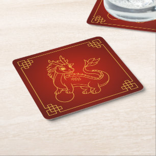 Jahr des Drachen 2024 Chinesischer Zodiakus Rechteckiger Pappuntersetzer