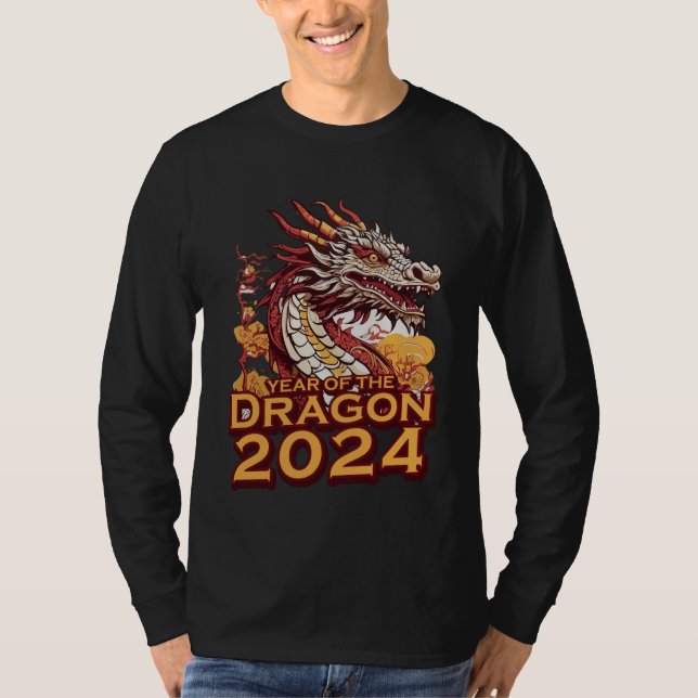 Jahr des Drachen 2024 Herren's Black Long Ärmel T-Shirt (Vorderseite)