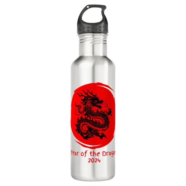 Jahr des Drachen 2024 in Rotem Mond Edelstahlflasche (Vorderseite)