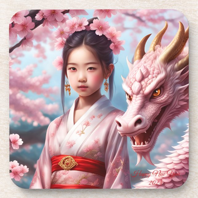 Jahr des Drachen 2024 - Mädchen zwischen Kirschblü Getränkeuntersetzer (Vorderseite)