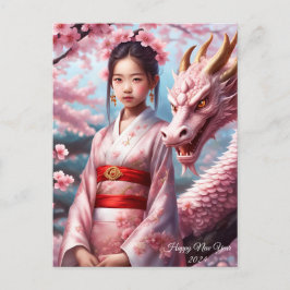 Jahr des Drachen 2024 - Mädchen zwischen Kirschblü Postkarte