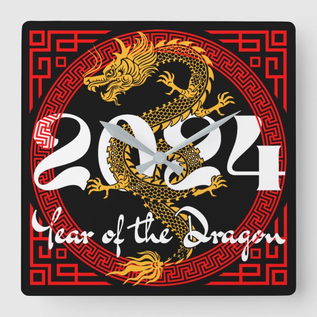 Jahr des Drachen 2024 Quadratische Wanduhr (Vorderseite)
