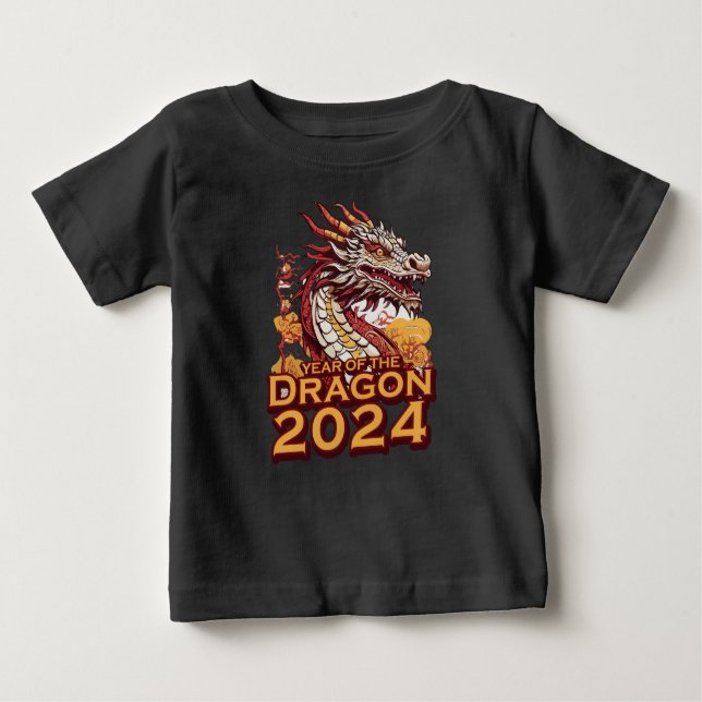 Jahr des Drachen 2024 Schwarzer T - Shirt, Drache Baby T-shirt (Vorderseite)