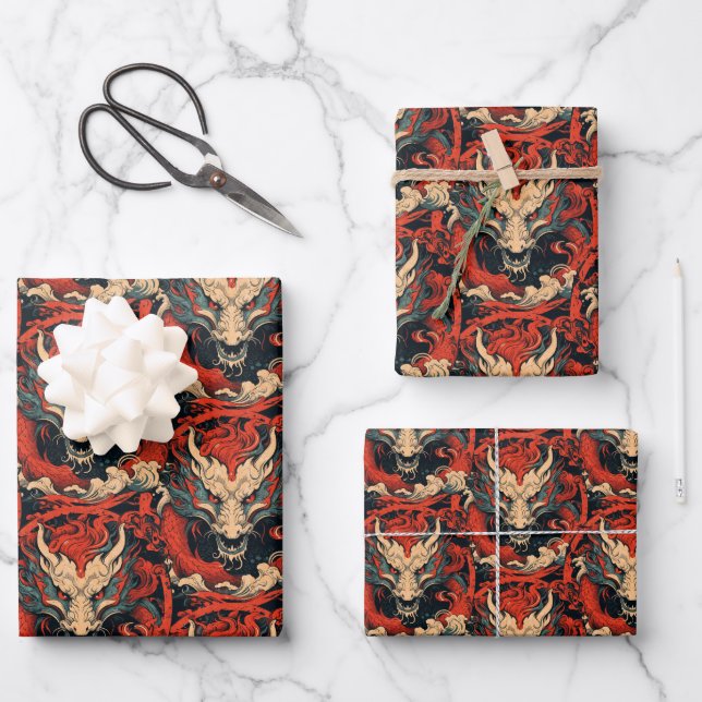 Jahr des Drachen Chinesisch Rot und Grün Geschenkpapier Set (Vorderseite)