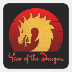 JAHR DES DRACHEN GOLD ROT QUADRATISCHER AUFKLEBER