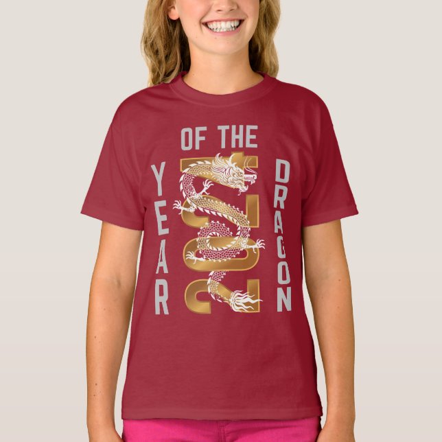 Jahr des Drachenjahres 2024 Weißes Graues Gold T-Shirt (Vorderseite)