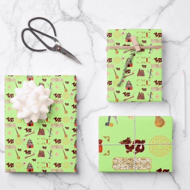Jahr des Dragon Chinese Liebites Music Luck Geschenkpapier Set (Vorderseite)