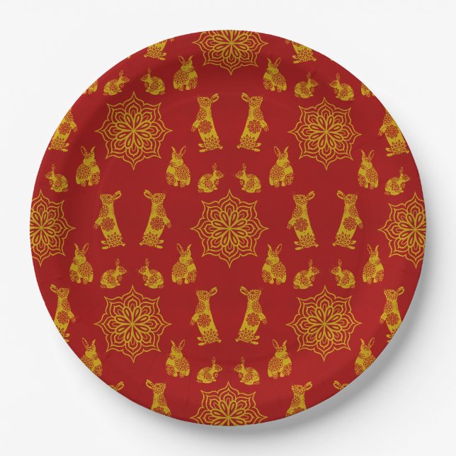 Jahr des Kaninchenrotes und goldenes Mandala-Muste Pappteller (Vorderseite)