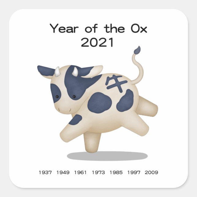 Jahr des Ox-Niedlichen Tieres 2021 Quadratischer Aufkleber (Vorderseite)