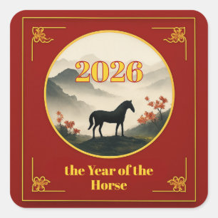 Jahr des Pferdes 2026 Chinesisches Neujahr Berg Quadratischer Aufkleber