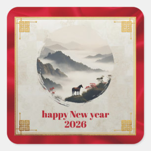 Jahr des Pferdes 2026 Chinesisches Neujahr Berg Quadratischer Aufkleber