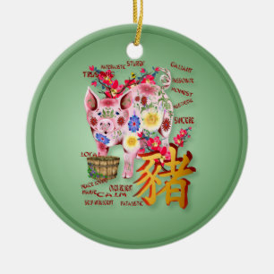 Jahr des Schweins in der Blumen-Verzierung Keramik Ornament