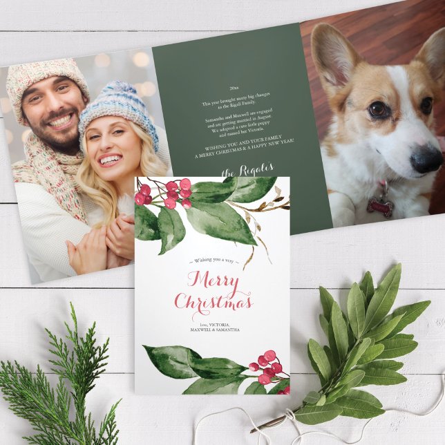 Jahr im Überblick Botanische Weihnachtskarte Dreifach Gefaltete Urlaubskarte (Christmas Card tri-fold card pet photo Year In Review Botanical )