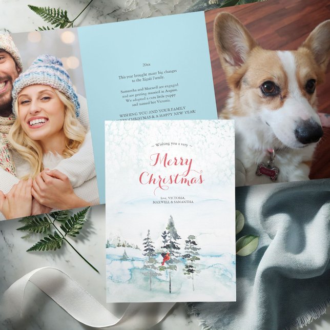Jahr im Überblick Wintery Watercolor Weihnachtskar Dreifach Gefaltete Urlaubskarte (Trifold photo Christmas cards year in review watercolor Christmas trees winter Country Scene)