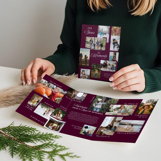 Jahr in Moments Family Foto Collage Weihnachten Dreifach Gefaltete Urlaubskarte (Year in Moments Family Photo Collage Christmas Tri-Fold Holiday Card (Front & Inside))