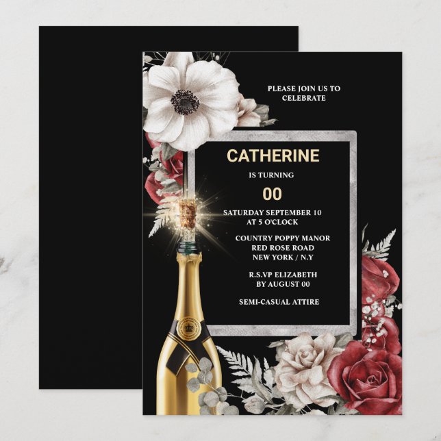 JAHRE rote Rose Schaumwein Eleganter Blumen Einladung (Vorne/Hinten)