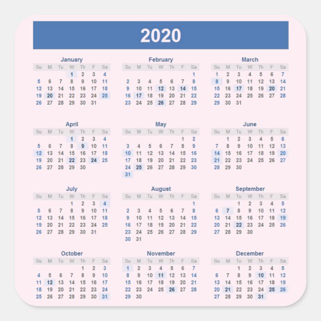 Jahreskalender 2020 in Pink Quadratischer Aufkleber (Vorderseite)