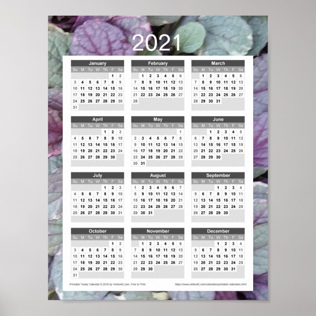 Jahreskalender 2021 - Lila Blätter Poster (Vorne)