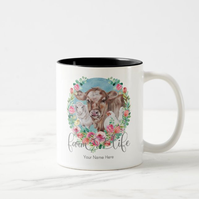 Jahrgang Landleben Familie Haustiere Hühnerkühe La Zweifarbige Tasse (Rechts)