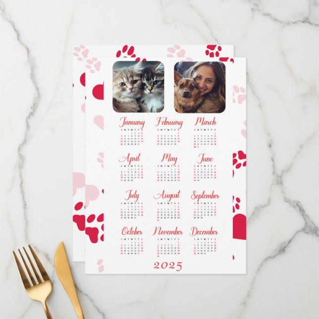 Jährlich anpassbarer Kalender mit roten Paw-Prints Menükarte (Vorderseite/Rückseite Beispiel)